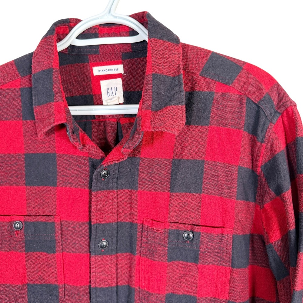 GAP Flannel Shirt Mens L Red Black Buffalo Plaid Standard Fit Cotton L/S
